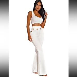 Miss Circle High Waisted Gold Button White Flared Pants